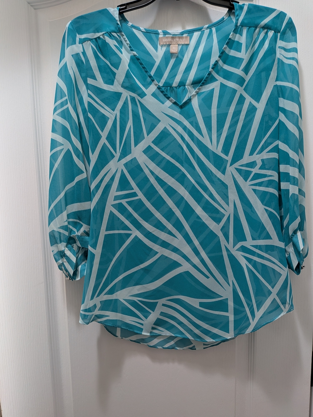Banana Republic Teal & White Geometric V-Neck Blouse